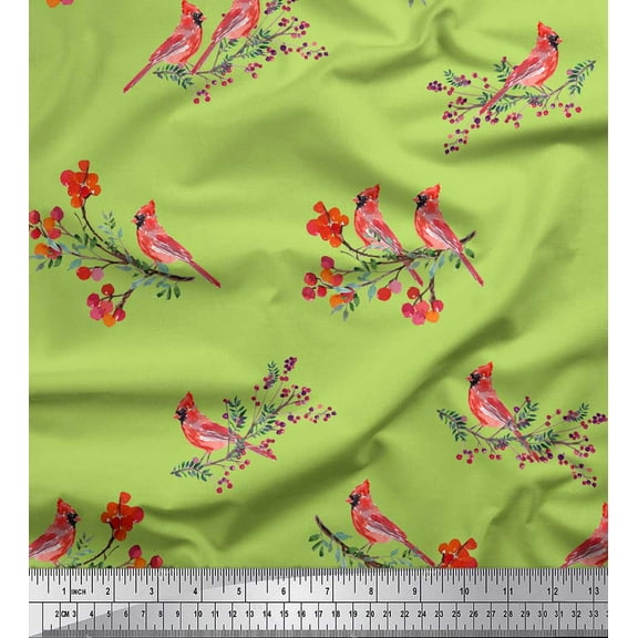 Soimoi Green Cotton Duck Fabric Red Berries & Bulbul Bird Decor Fabric Printed Yard 42 Inch Wide