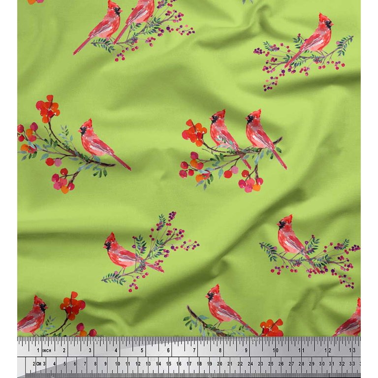 Soimoi Green Cotton Poplin Fabric Red Berries & Bulbul Bird