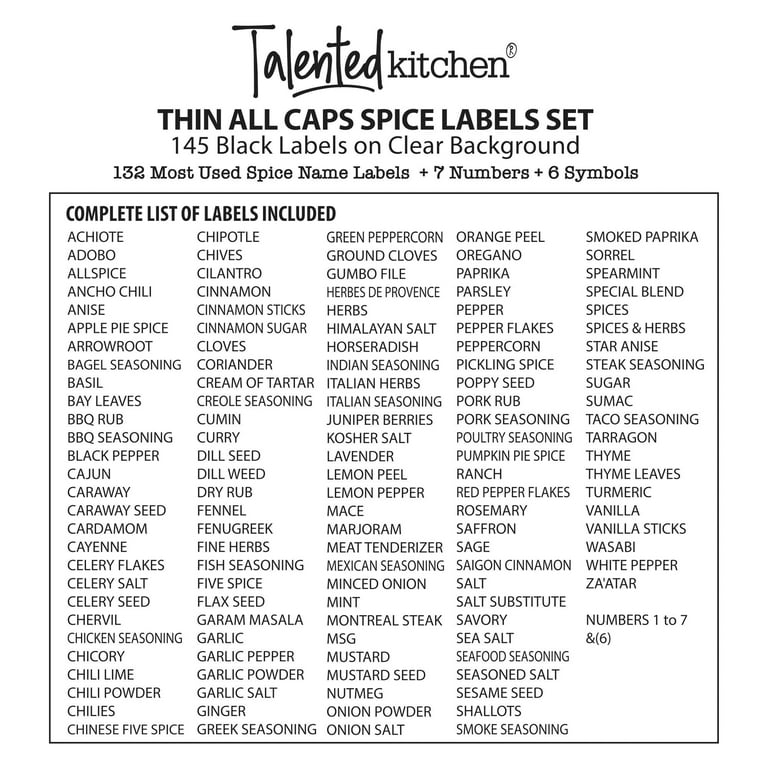 Thin All Caps Spice Labels, 145 White Labels – Talented Kitchen