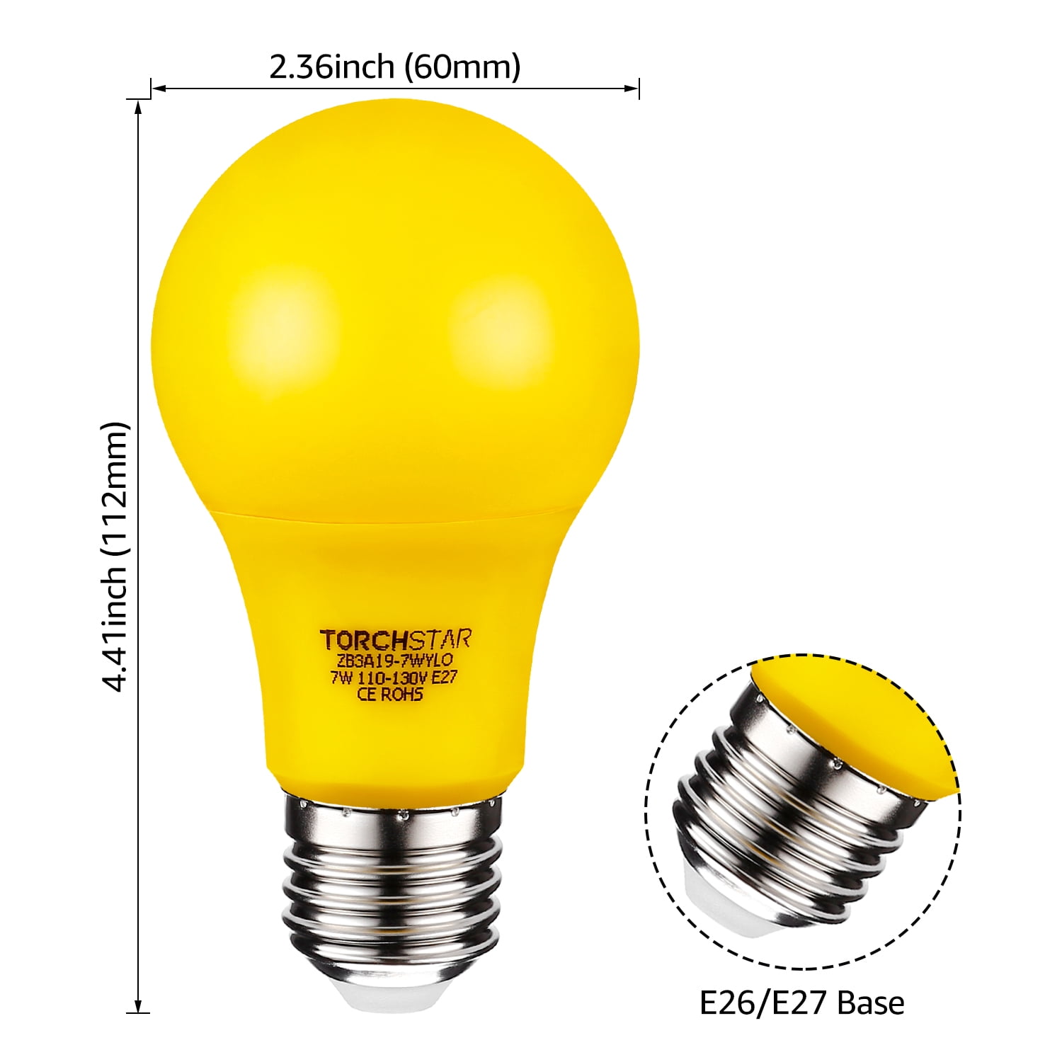 6 Pack Yellow LED A19 Colored Light Bulb, 7W, Medium E26 Base, Outdoor Bug Free Lights for Porch, Patio, Backyard, Entry Way