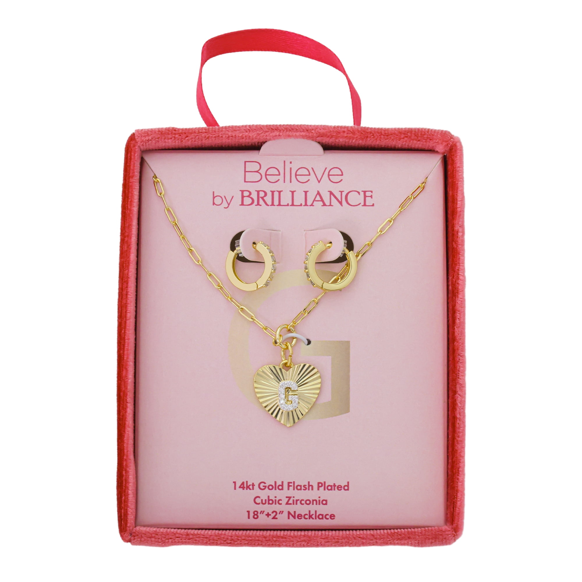 Believe by Brilliance Women's 14Kt Gold Flash Plated Cubic Zirconia Initial G Heart Pendant Necklace and Hoop Earring Set, 18+2"
