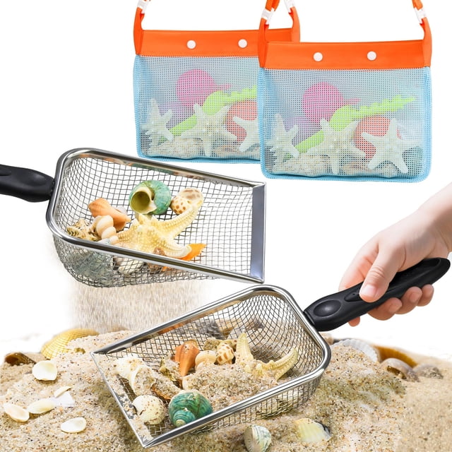 Juego de palas de arena de playa QINGLER con bolsa de playa de malla para niños