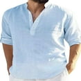 thumbnail image 1 of CHOK Men Roll Tab 3/4 Sleeve Shirt Summer Button Collar Cotton Linen Blouse, 1 of 4