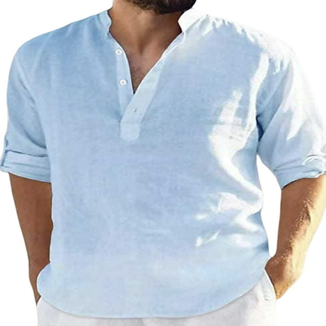 CHOK Men Roll Tab 3/4 Sleeve Shirt Summer Button Collar Cotton Linen Blouse