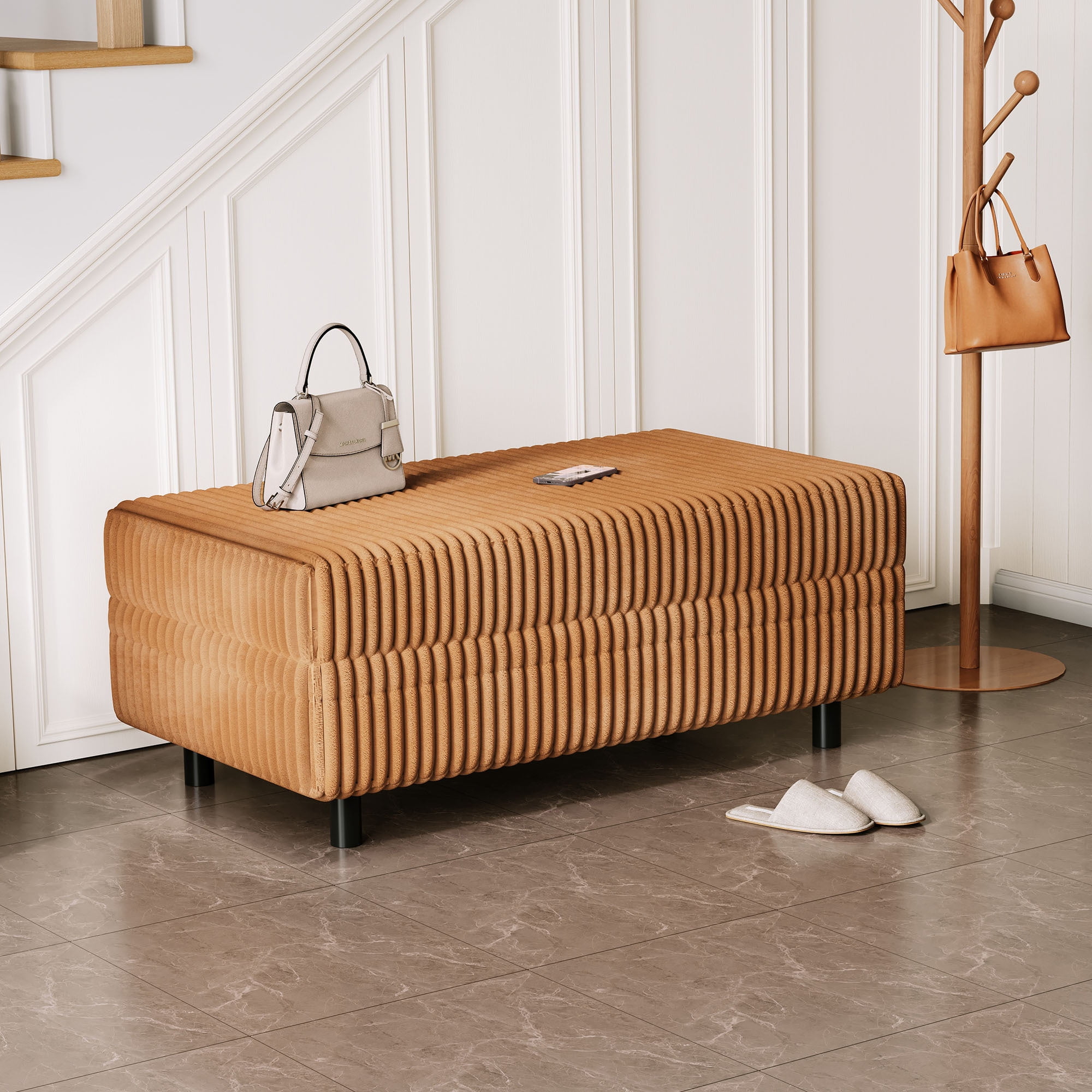 Linsy Home Plush Corduroy Storage Ottoman, Upholstered Ottoman Bench for Sofa, Coffee Table or Footrest, for Living Room, Bedroom or Entryway, Brown