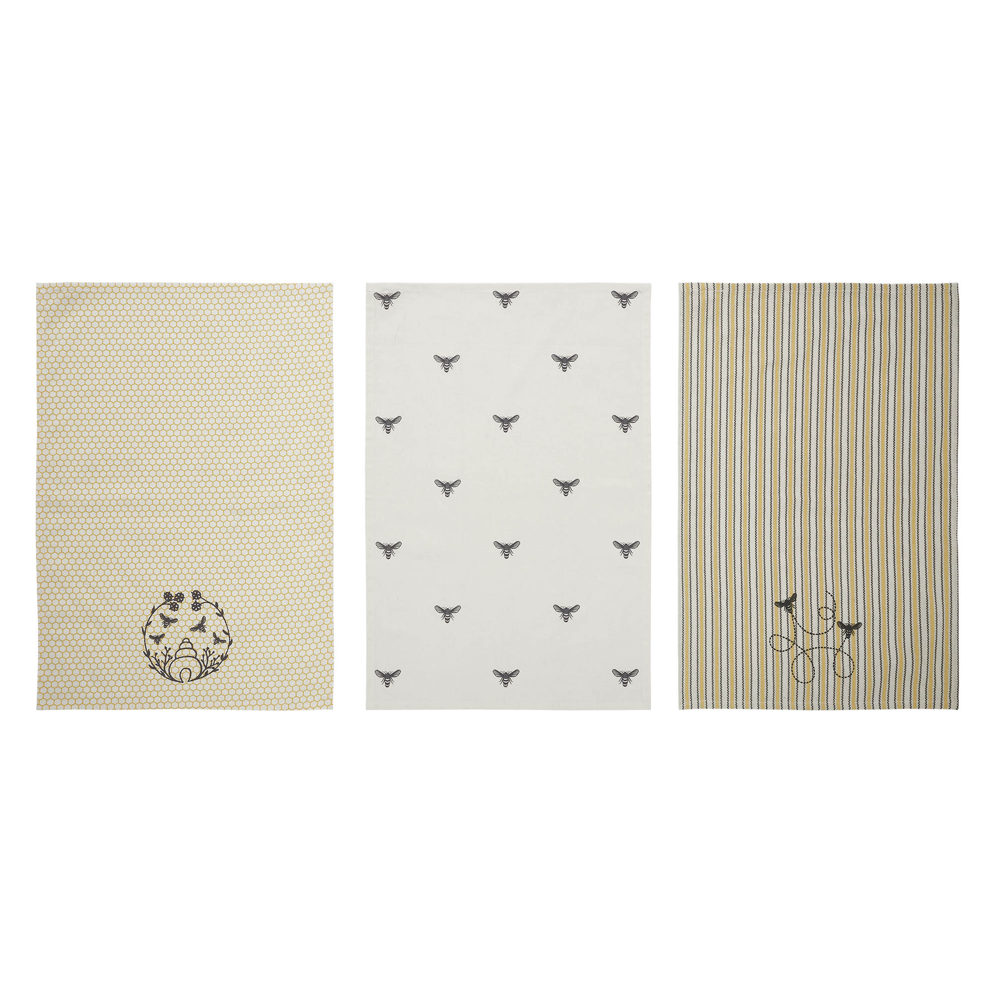 VHC Brands Cotton Kitchen Towel set of 3, Distressed Appearance, Tea Towel, Dish Towels, Buzzy Bees Collection, Rectangle 28x19, Vintage Yellow