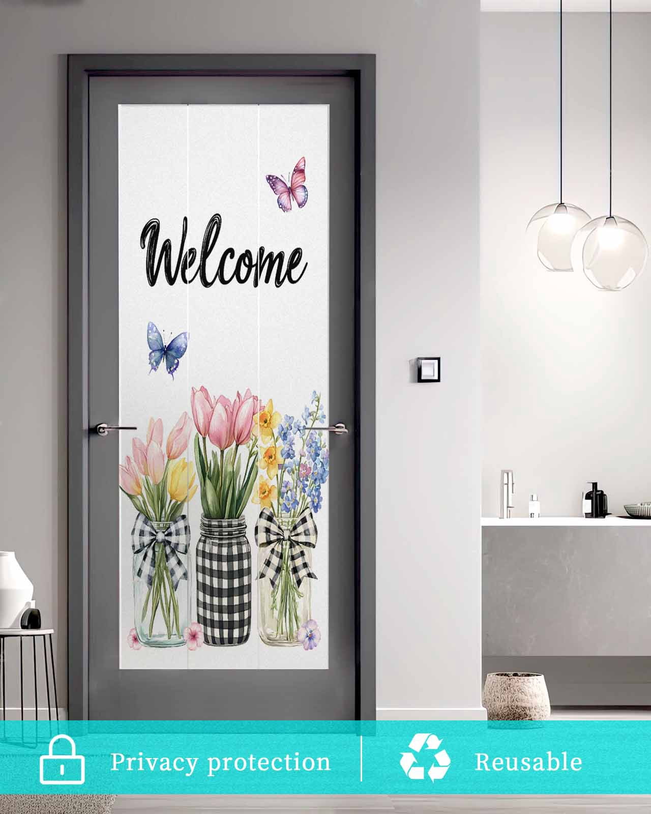 Window Privacy Film Spring Flowers Stained Glass Window Film Decorative Sun Block Window Cover Farmhouse Tulip Botanical Watercolor Window Clings Static Adhesive Sticker for Bathroom 23.6"x59"