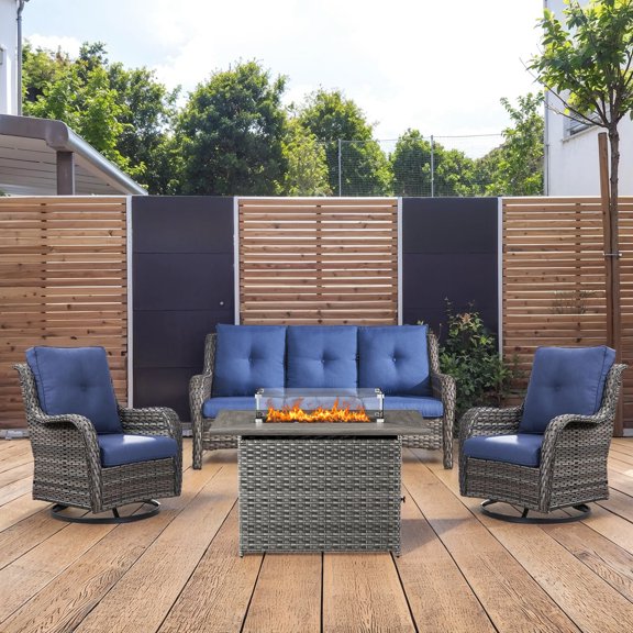 Giantfurnni 4 Piece Wicker Patio Furniture Set with Outdoor Sofa, 2 Swivel Rocker Chairs and Fire Pit Table for Deck Porch