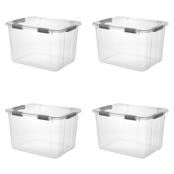 Sterilite 80 Quart HingeLID Clear Storage Bin with Latch Lid and Comfort Grip, Dark Gray, 4 Pack
