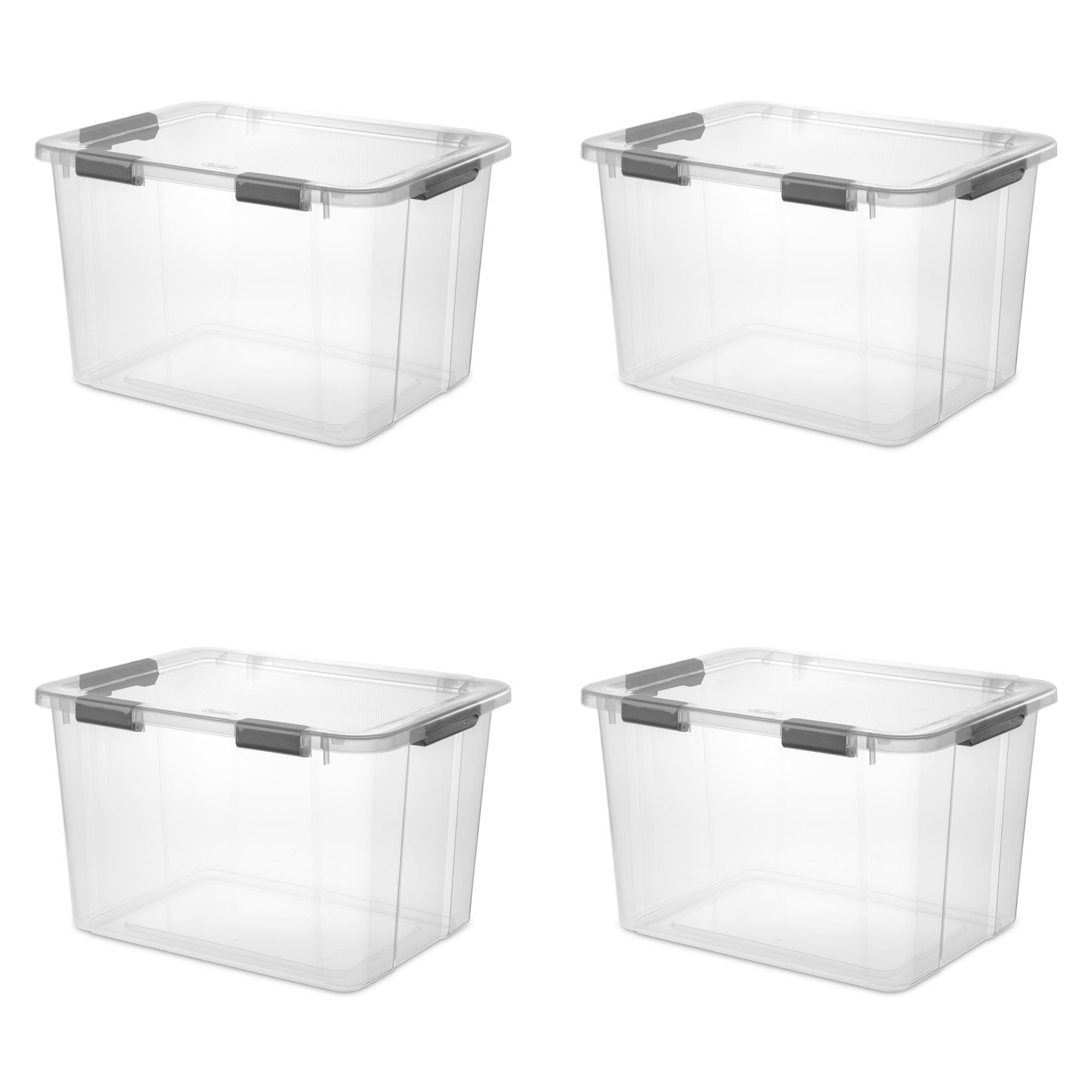 Sterilite 80 Quart HingeLID Clear Storage Bin with Latch Lid and Comfort Grip, Dark Gray, 4 Pack