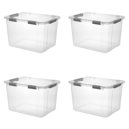 Sterilite 80 Quart HingeLID Clear Storage Bin with Latch Lid and Comfort Grip, Dark Gray, 4 Pack