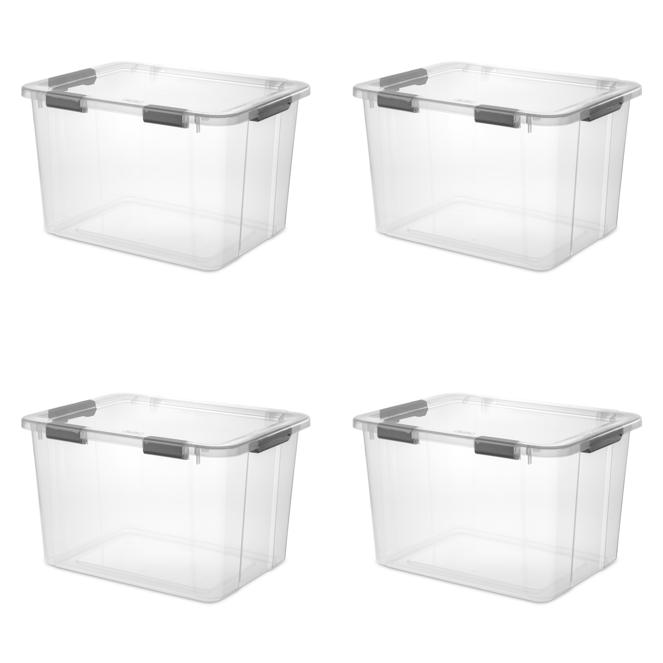 Sterilite 80 Quart HingeLID Clear Storage Bin with Latch Lid and Comfort Grip, Dark Gray, 4 Pack
