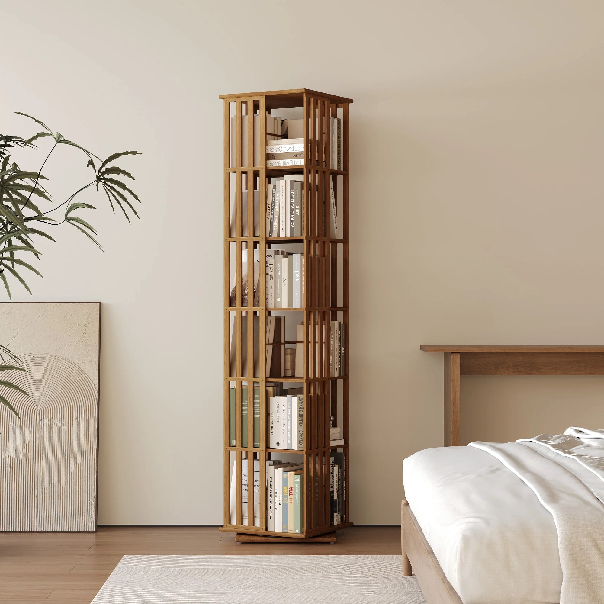 YOWOS Bamboo Rotating Corner Shelf, 6-Tier Bookcase Tower with Display Organizer and Floor Storage Rack, Walnut