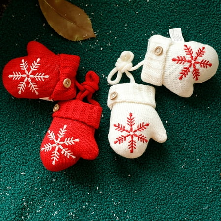

Visland 1 Pair Christmas Pendant Knitted Snowflake Pattern Rope Design White/Red Christmas Gloves Pendant for Home