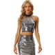 thumbnail image 1 of Top corto de lentejuelas para mujer Top de fiesta brillante con cuello halter recortado Negro plata L, 1 of 6