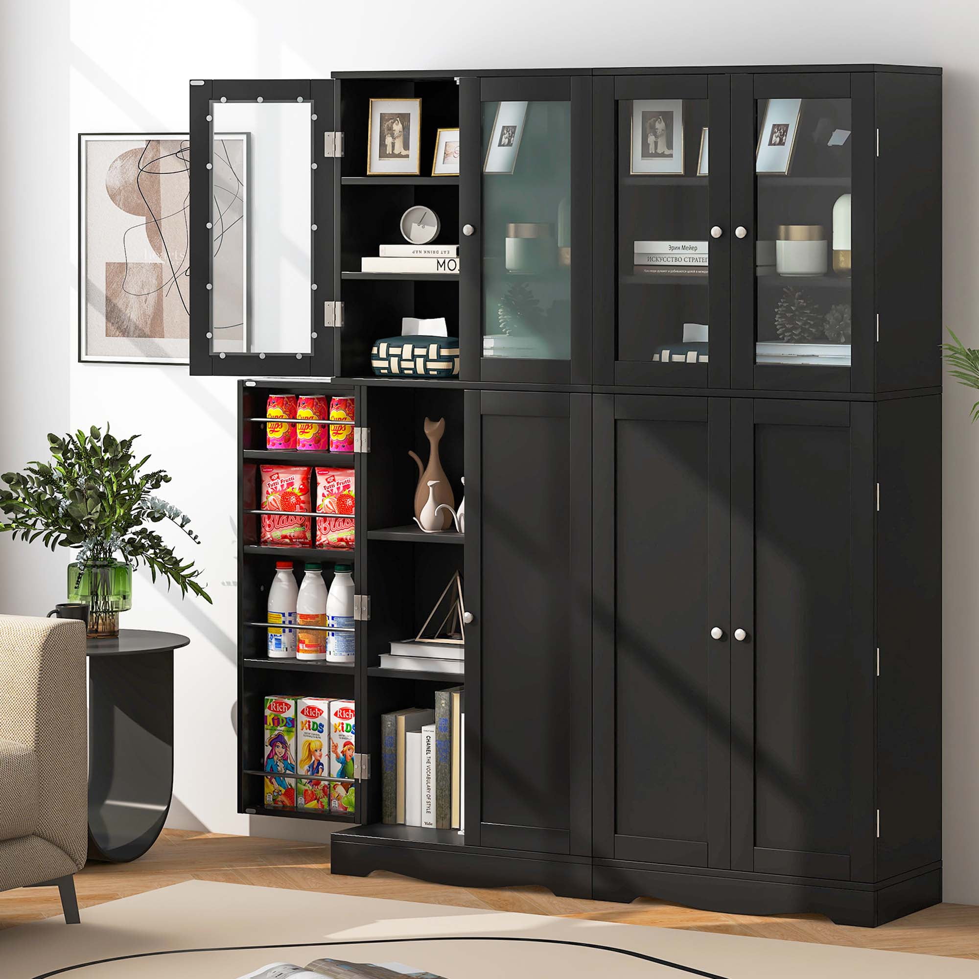 Costway 63.5" Tall Kitchen Pantry Storage Cabinet with Glass Door Storage Shelves Black