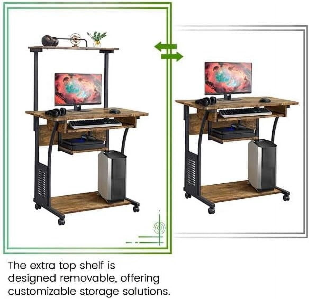3 Tiers Rolling Computer Desk with Keyboard Tray and Printer Shelf for Home Office, Mobile Computer Desk for Small Space, Retro Computer Table Compact PC Laptop Workstation, Rustic Brown