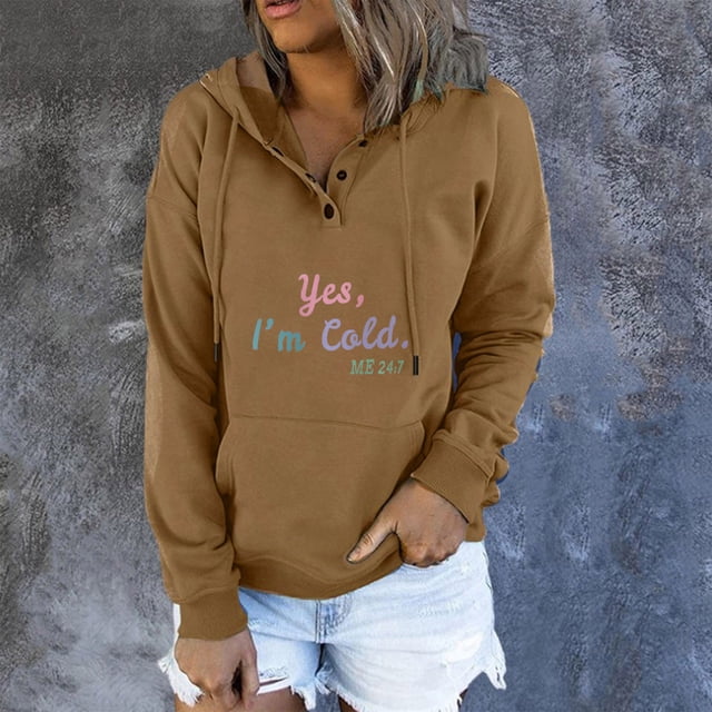 ICHUANYI Clearance Women Long Sleeves Casual Printing Crewneck Sweatshirt Loose Hooded Drawstring Pocket Tops(Khaki, XL) ICHUANYI WER2023081106298
