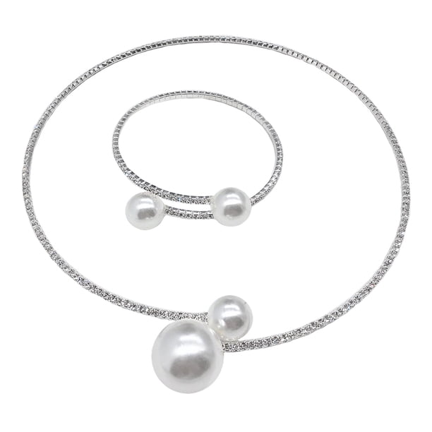 2Pcs Conjunto de collar de cadena de mano de perlas Señoras de moda Pulsera de perlas Novia Joyería Cuello Gargantilla Accesorio de vestido de novia (Plata)
