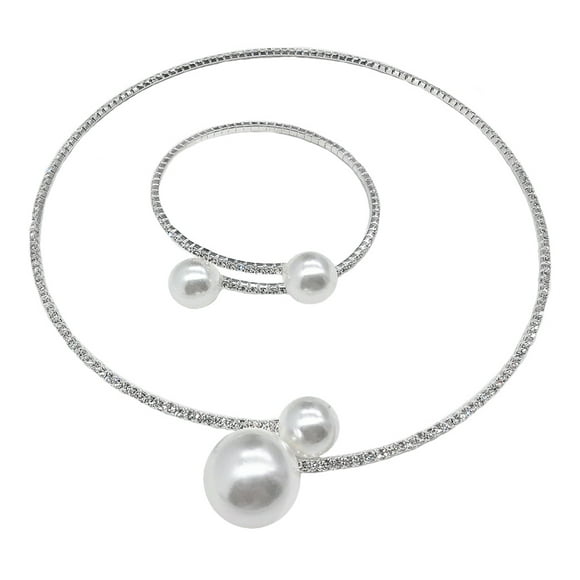 BRIGHTFUFU 2Pcs Conjunto de collar de cadena de mano de perlas Señoras de moda Pulsera de perlas Novia Joyería Cuello Gargantilla Accesorio de vestido de novia (Plata)