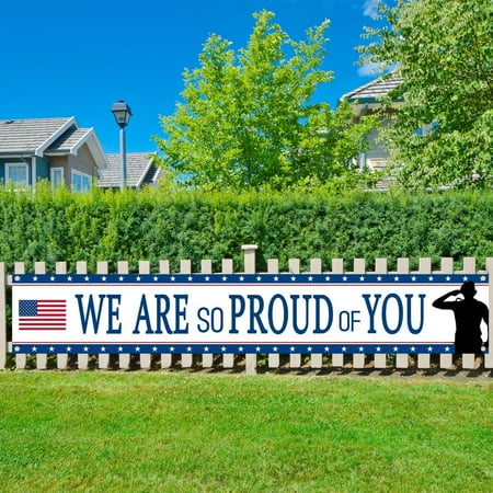 We Are So Proud Of You Patriotic Soldier Backdrop Banner, Veterans Day Memorial Day Independence Day Deployment Returning Back Military Army Retirement Party Decorations
