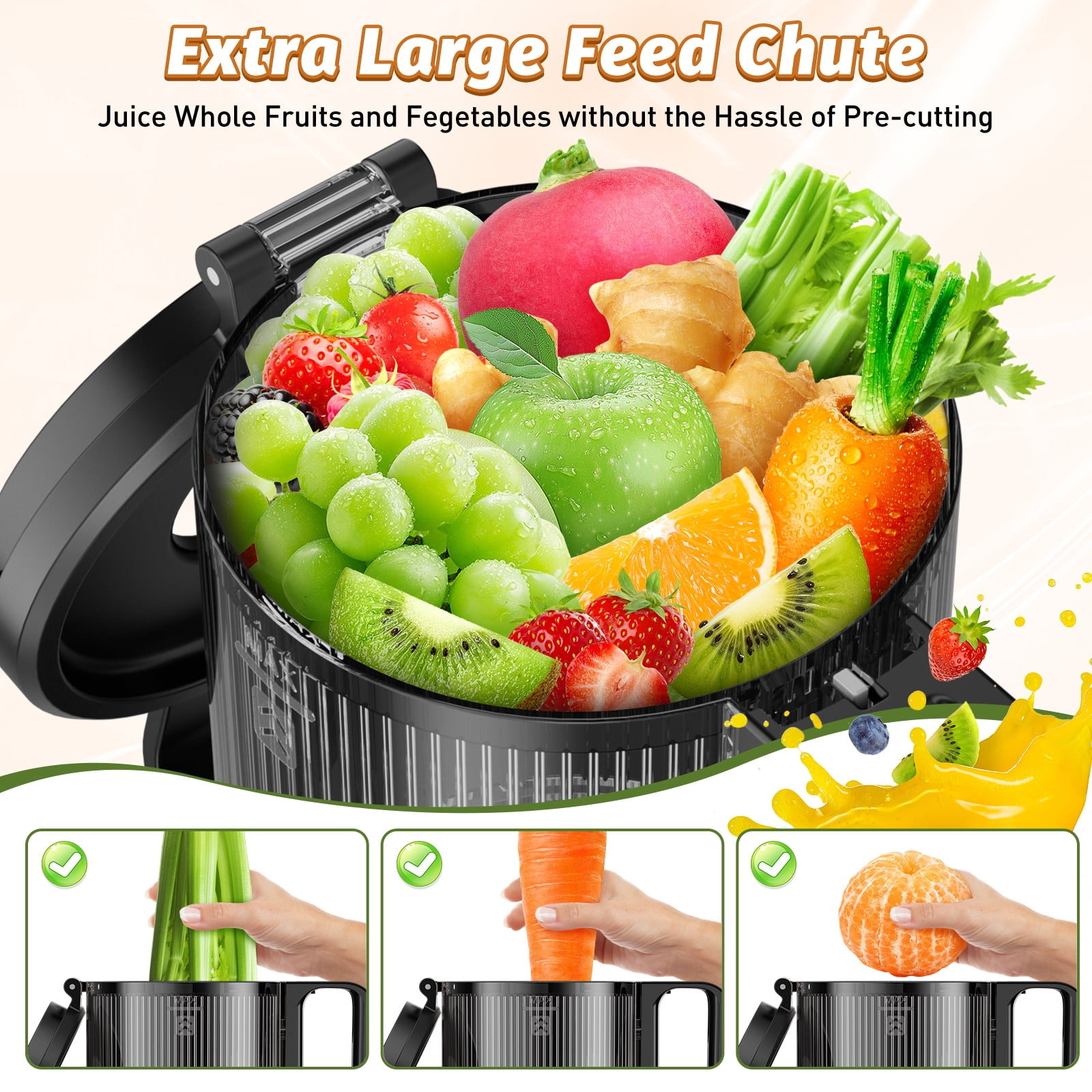 DARKIRON Cold Press Juicer, Masticating Juicer with 5.4" Large Feed Chute, 400W Slow Juicer Machines Fit Whole Vegetables and Fruits,Juicer Machine with High Juice Yield (Black)