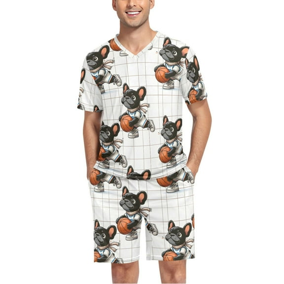 joogoo Men's Pajama Set French Bulldog with Basketball V-Neck Pj Shorts Set 2 Piece Loungewear Sleepwear L