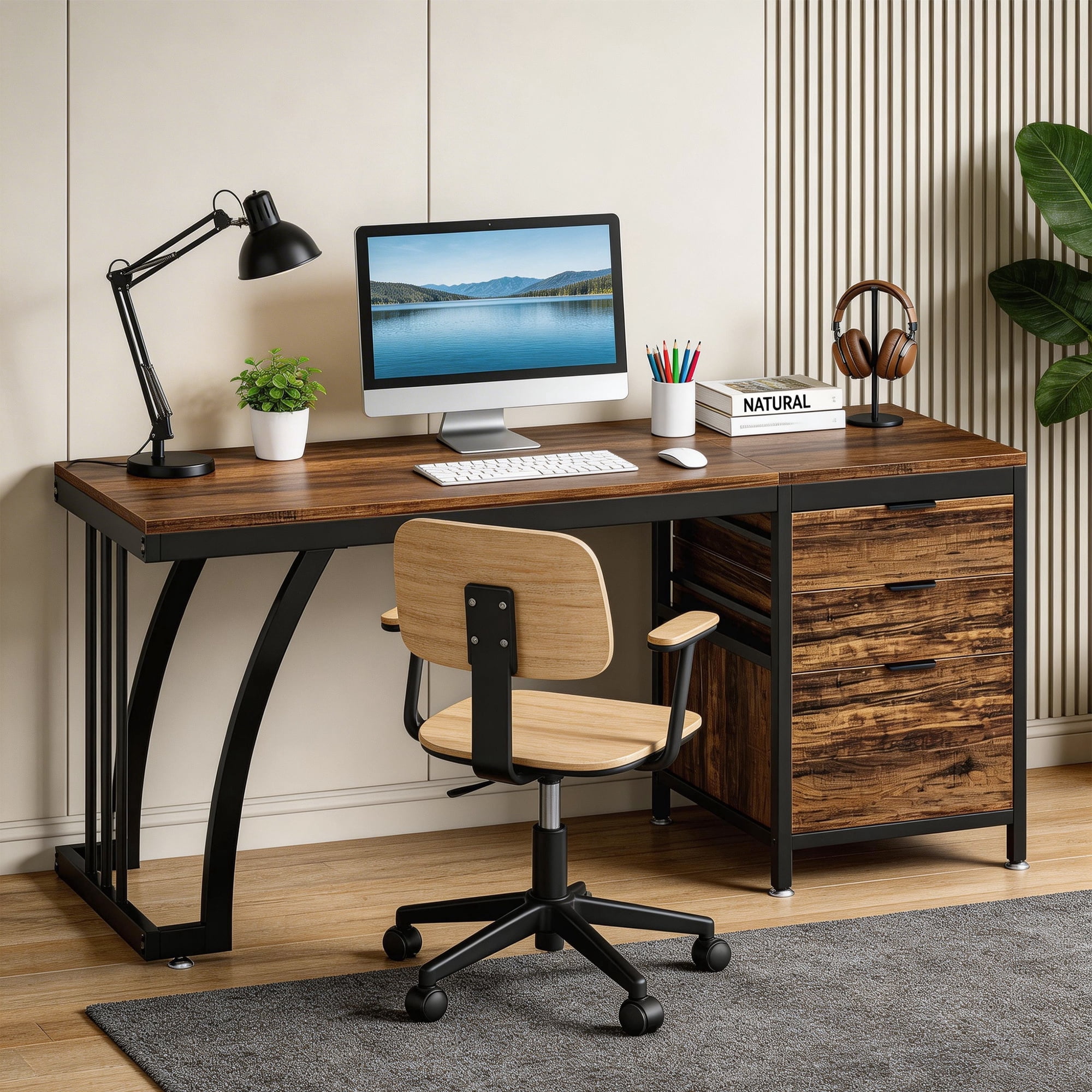 59 Inch Computer Desk With 3 Drawers Reversible Drawers Industrial PC Desk File Storage Study Writing Table Workstation For Home Office (Rustic Brown)