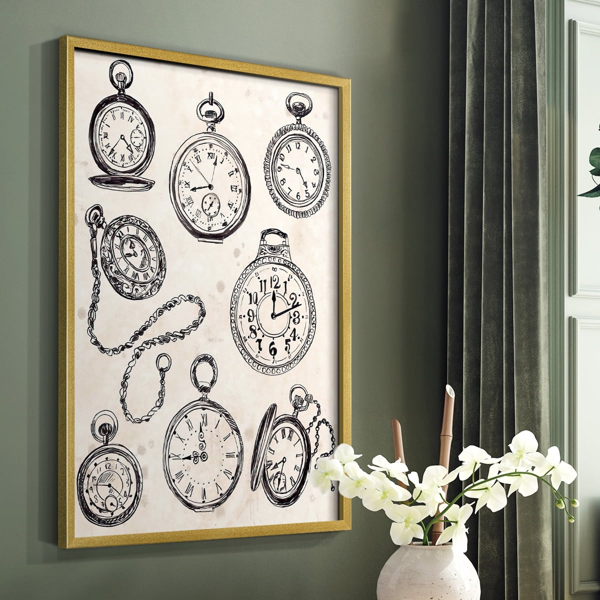 Pocket Watch Sketches II in Gold Solid Wood 22 x 28 Framed Print