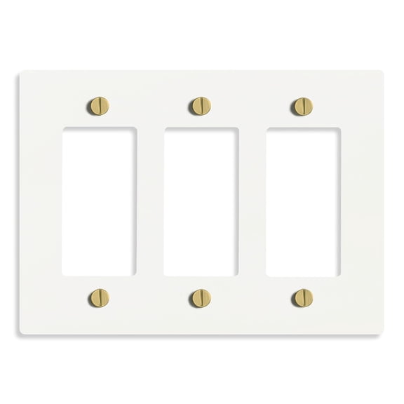 SELECT 3-Gang Solid Brass Wall Plate Cover, White Finish w/ Brass Accessories, Electrical Receptacle Outlet Faceplate, GFI/Rocker Decorator Light Switch Cover