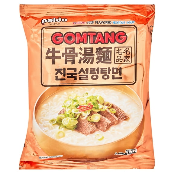 Paldo Korean Noodles with Soup Base Gomtang Beef Bone Broth, 3.6 oz, 5 Pack