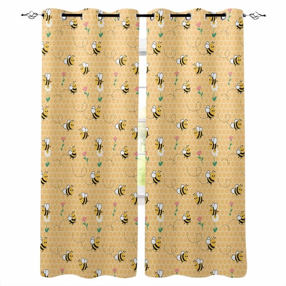 Yellow Beige Bee Blackout Curtains for Bedroom/Living Room, Thermal Insulated Kitchen Curtains, Spring Floral Elegant Pastoral Flowers Grommet Darkening Window Treatment Drapes 27.5"x39"x2
