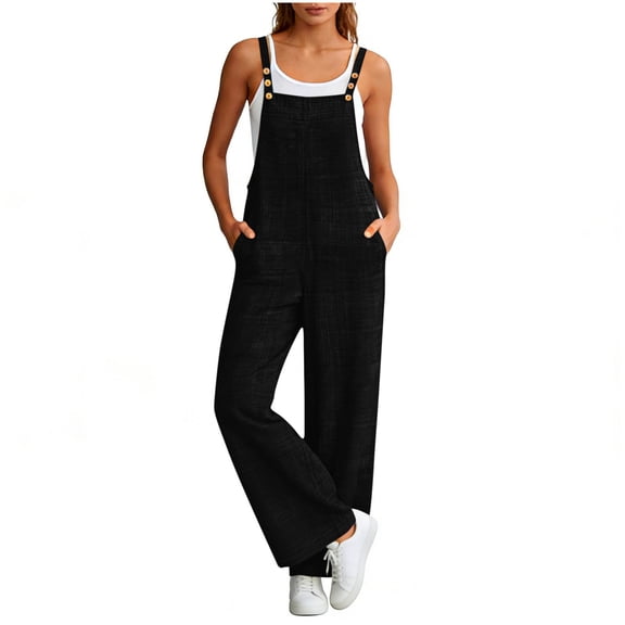 Kilaqueen Linen Jumpsuits for Women Loose Fit Lightweight Sleeveless Adjustable Strap Wide Leg Bib Overalls with Pockets, Casual Summer Boho Baggy Rompers