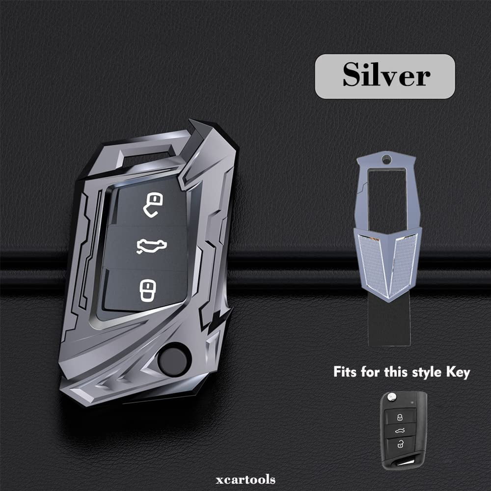Autek for VW Key Fob Cover Case Protector Fit for VW Volkswagen 2016-2017 Golf Polo GTI 2018 2019 Tiguan Keyless Entry Remote with Key Chain (Silver)