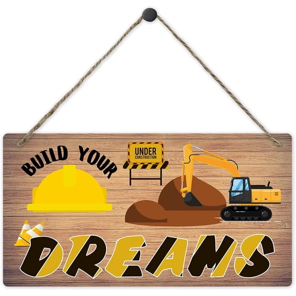 Build Your Dreams Wooden Sign - Colorful Cartoon Construction Truck Wall Hanging, Motivational Inspirational Wall Art Print for Nursery Kids Room PlayRoom Office Home Decor 10x5 Inch