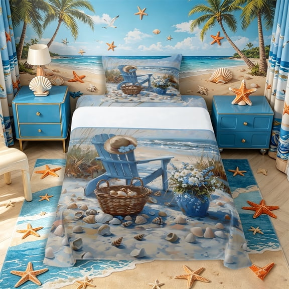 Castle Fairy Impasto Coastal Beach Chair Painting Twin Sheets 3pcs,Wildflower Seashell Dune Shore Print Bedding,Sand Blue,1 Fitted Sheet,1 Flat Sheet and 1 Pillowcase