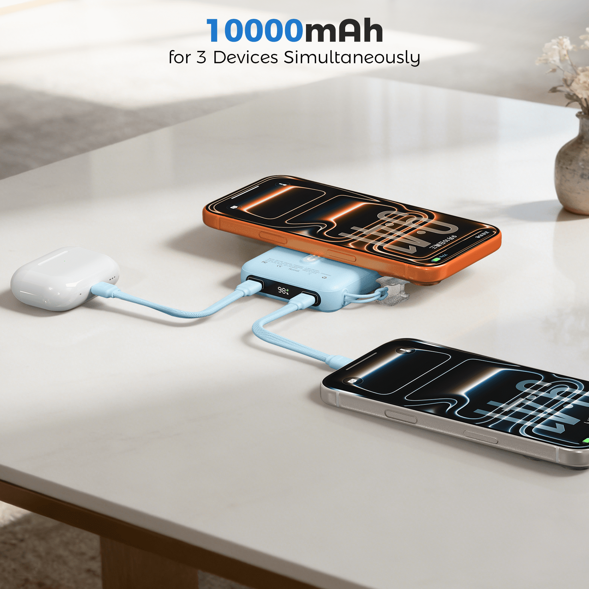 OWNTECH 10000mAh Magnetic Wireless Power Bank with Smart Display, 22.5W PD Fast Charging Portable Charger, Built-in Foldable Stand & USB-C Cable Compatible with iPhone 17/16/15/14 Series (Blue)