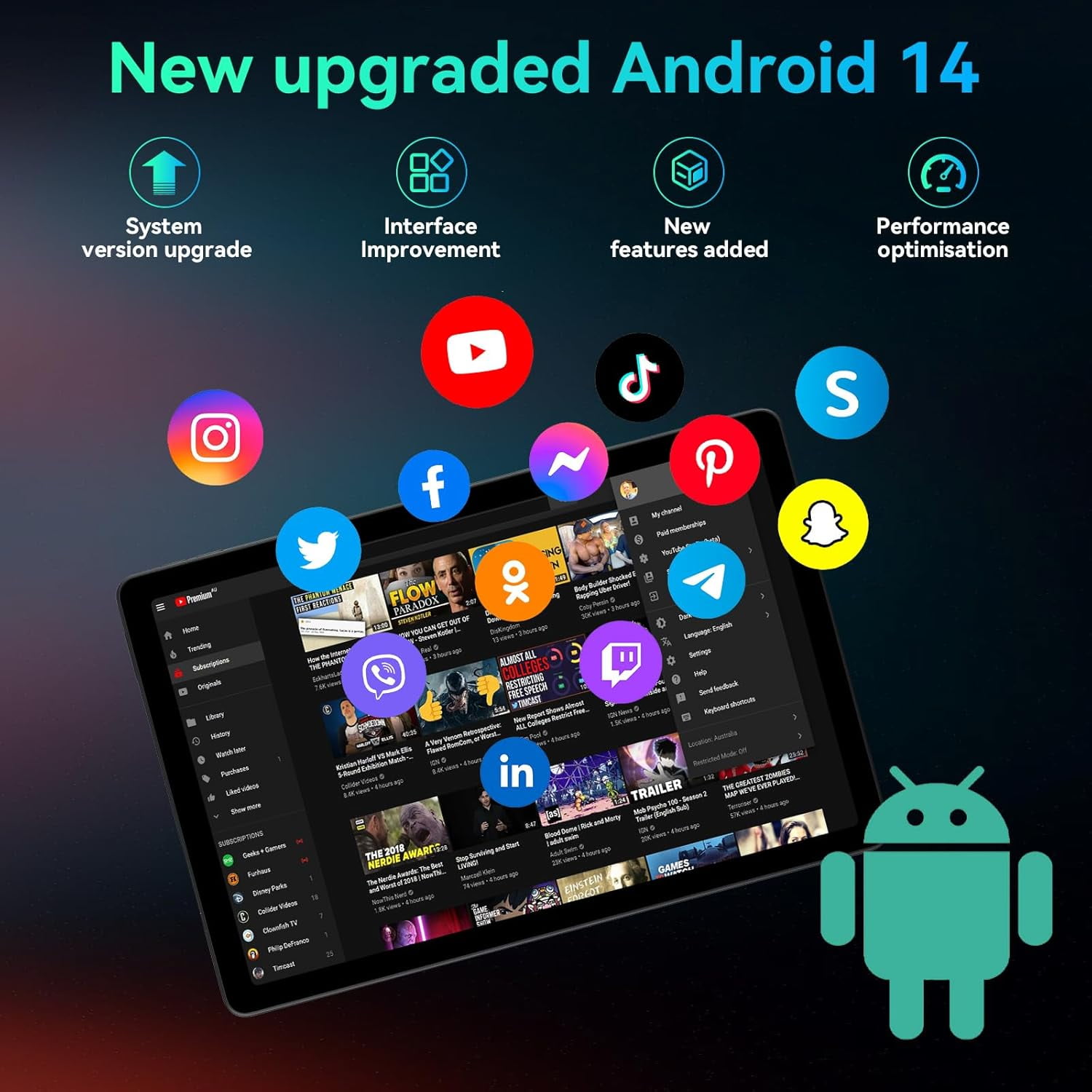 2K Vivid Tablet, Smooth HD 4K video 11" Android 14 Tablets, 18GB+128GB Octa Core Gaming Tablet, 3 Camera, Large 9000mAh, Hi-Res Stereo 4 Speakers, Split Screen, Face Recognition (Dark Gray)