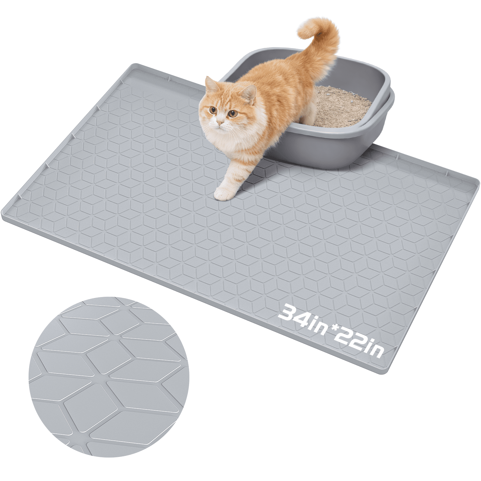 Cshidworld Cat Litter Box Mat, Large 34" X 22" Silicone Cat Mat for Litter Box, Waterproof & Non-Slip Pad for Floor, Easy to Clean Kitty Litter Pads for Indoor Cats, Gray