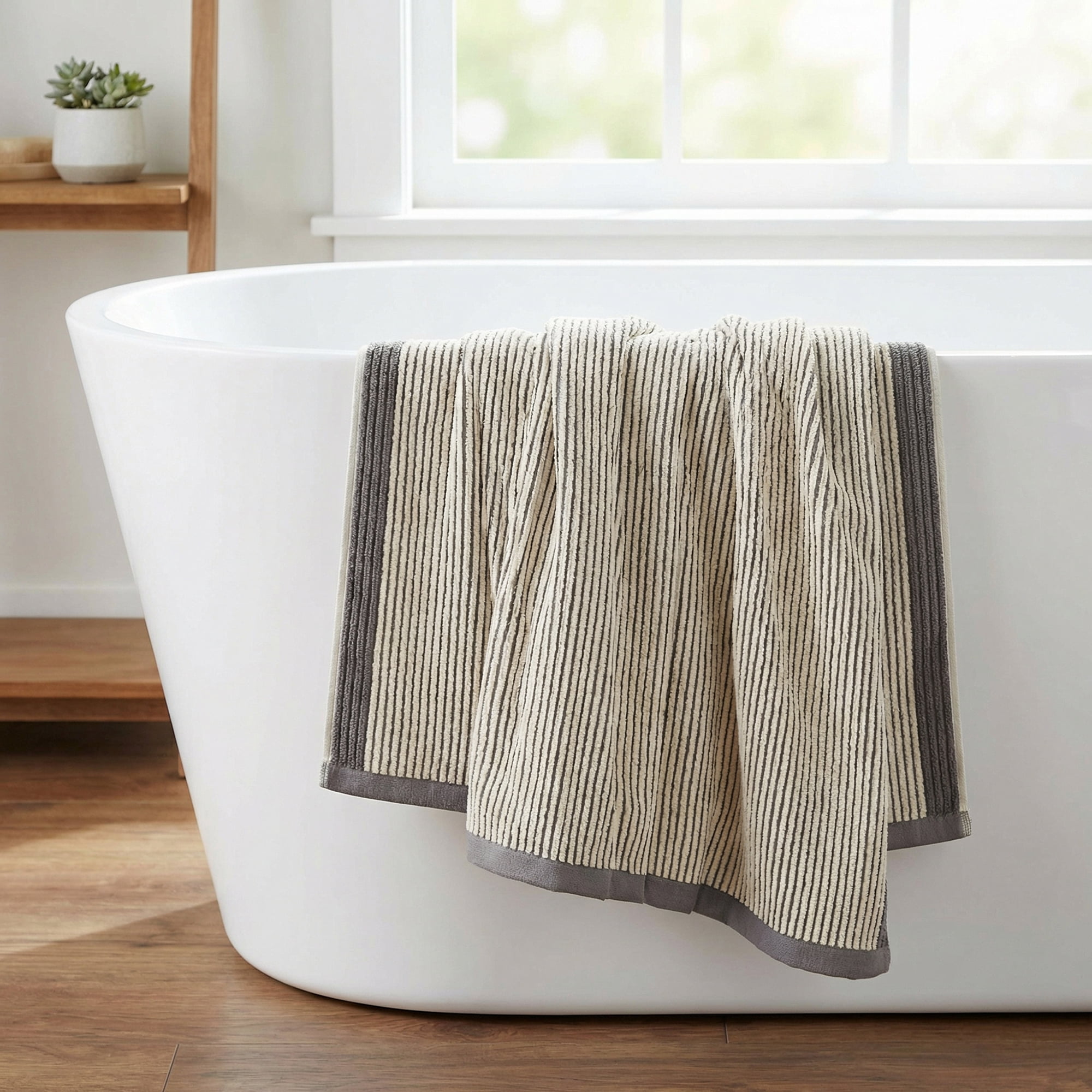 Unique Bargains Soft Highly Absorbent Cotton Striped Bath Towel 2 Pack Grey/Blue 55"x28"