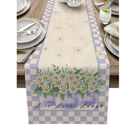 Purple Flowers, Table Runner 70 Inches, Daisy Plants French Country Rustic Plaid Bed Runner Dresser Scarves Tabletop for Indoor Outdoor Parties/Ceremony/Banquet, 13" x 70"