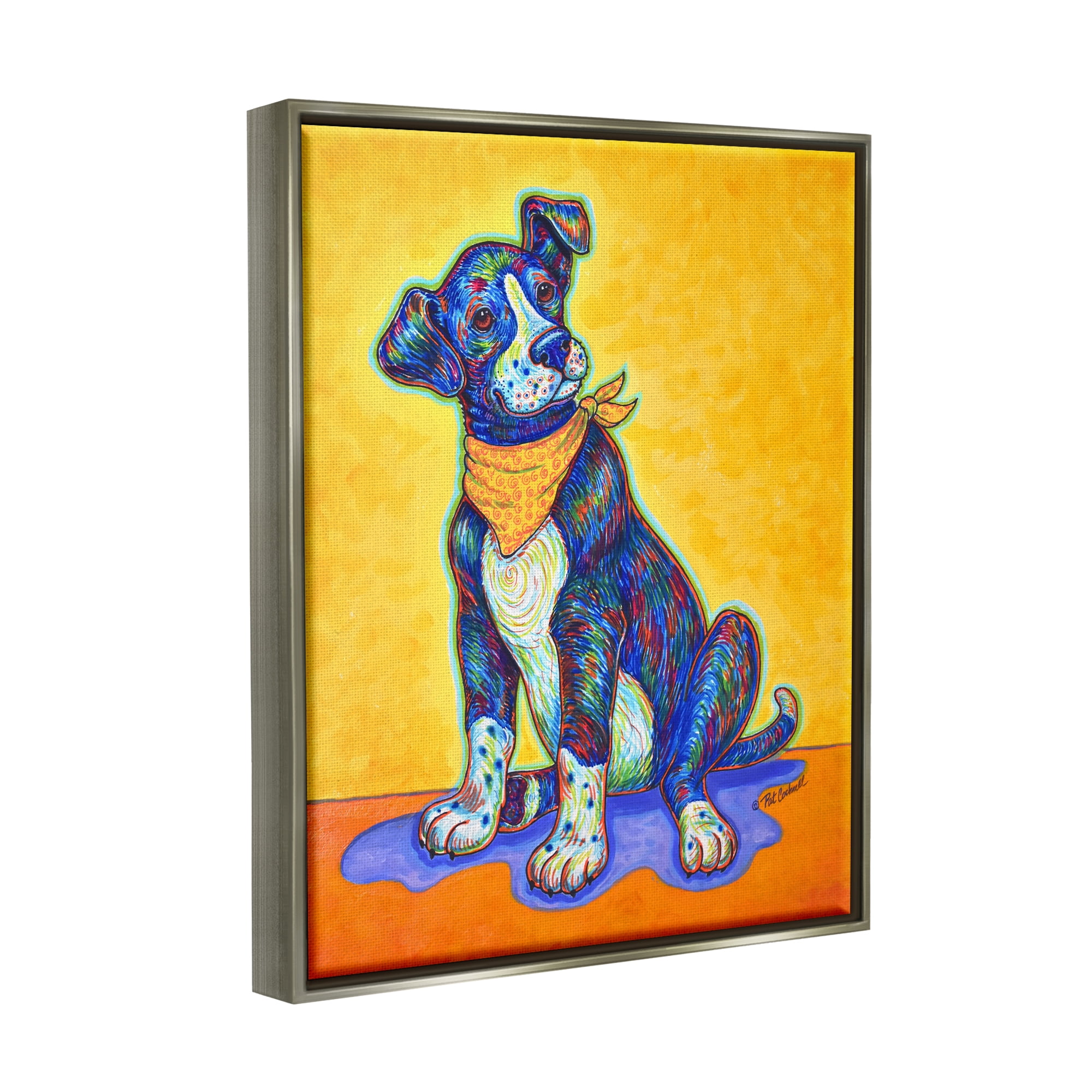 Stupell Industries Blue & Yellow Abstract Dog Animals & Insects Painting Gray Floater Framed Art Print Wall Art, 25 x 31
