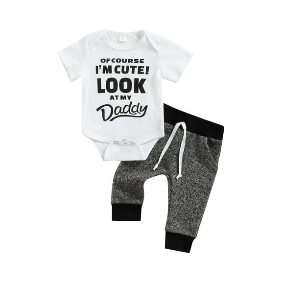 Canrulo 2pcs Newborn Baby Boys Clothes Letter Printing Short Sleeve Romper Tops Pants Set Gray Black 0-3 Months