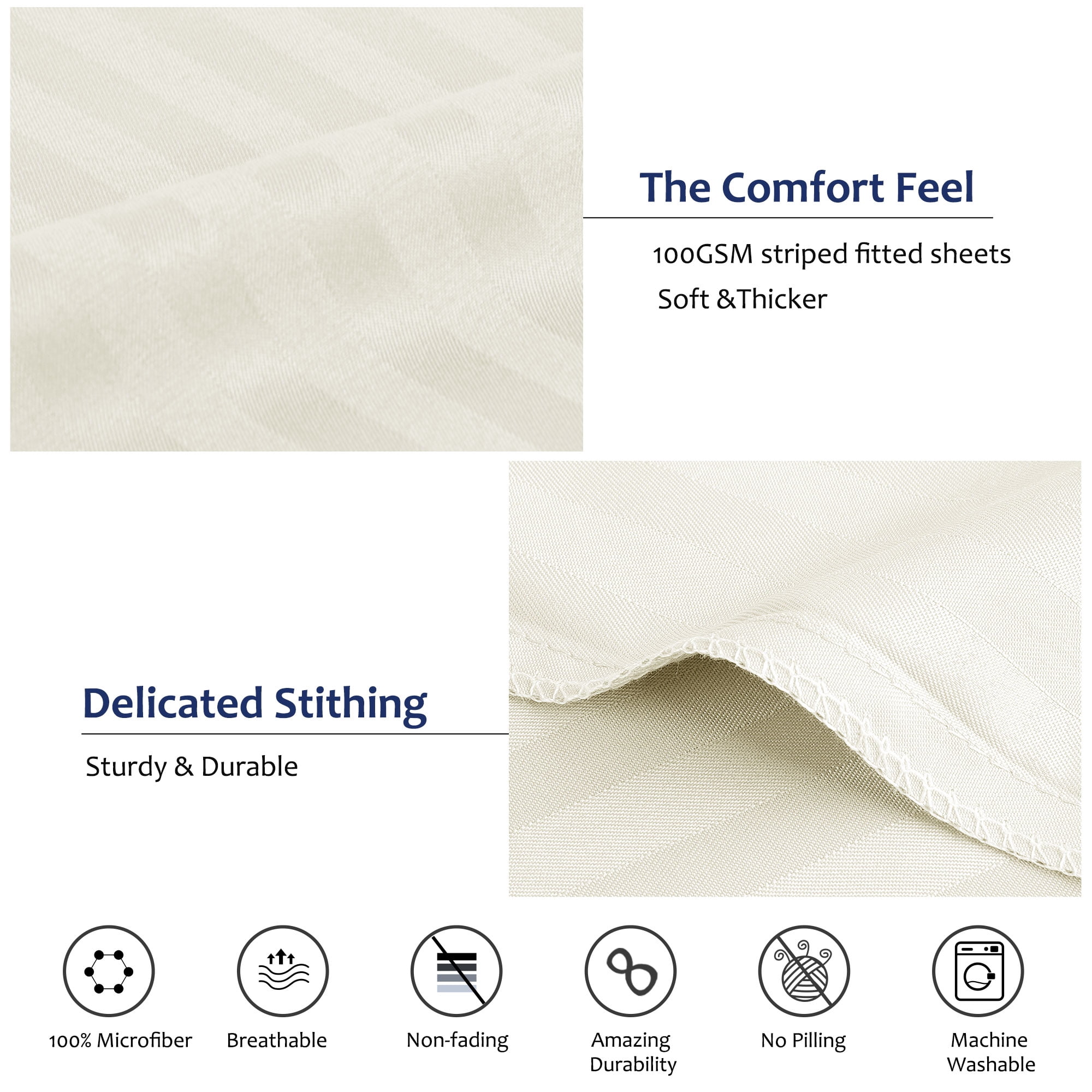 Unique Bargains Soft 100GSM Striped 16 Inch Deep Pocket Fitted Sheets King Khaki