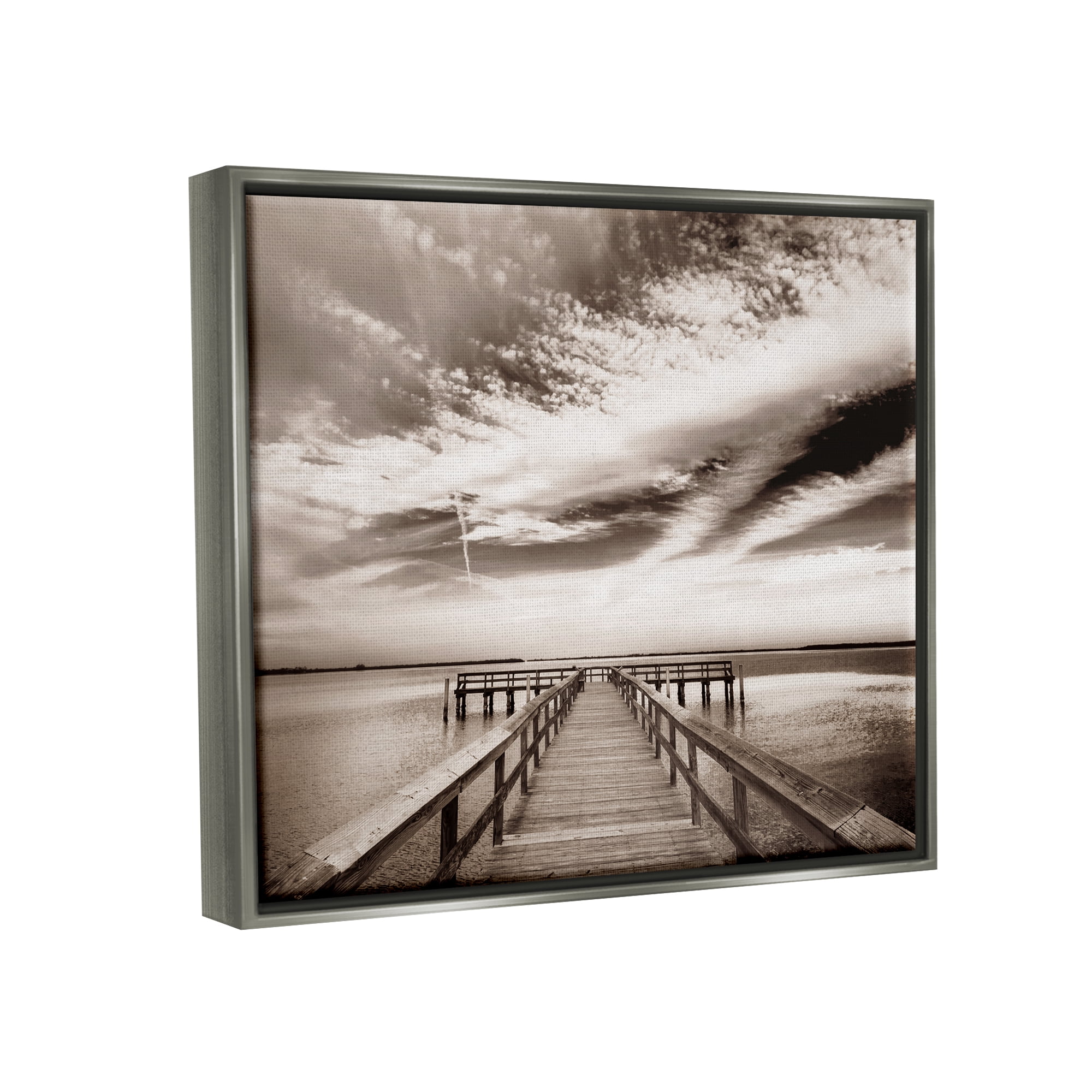 Stupell Industries Dock with Cloudy Sky Landscape Photography Gray Floater Framed Canvas Art Print Wall Art, 31 x 25