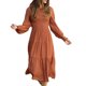 thumbnail image 1 of Vestido Fruncido Busto Puño Liso Mangas De Linterna Elegante Cómodo Vestido De Mujer De Longitud Media Caqui M, 1 of 6