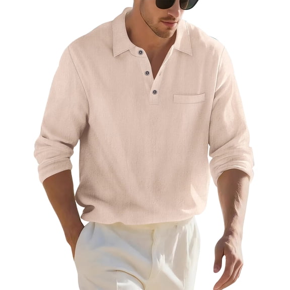 Resicozy Men's Casual Polo Shirts Long Sleeve Classic Linen Basic Tee Button Collar Shirt Summer Golf T-Shirt with Pockets Beige 2XL