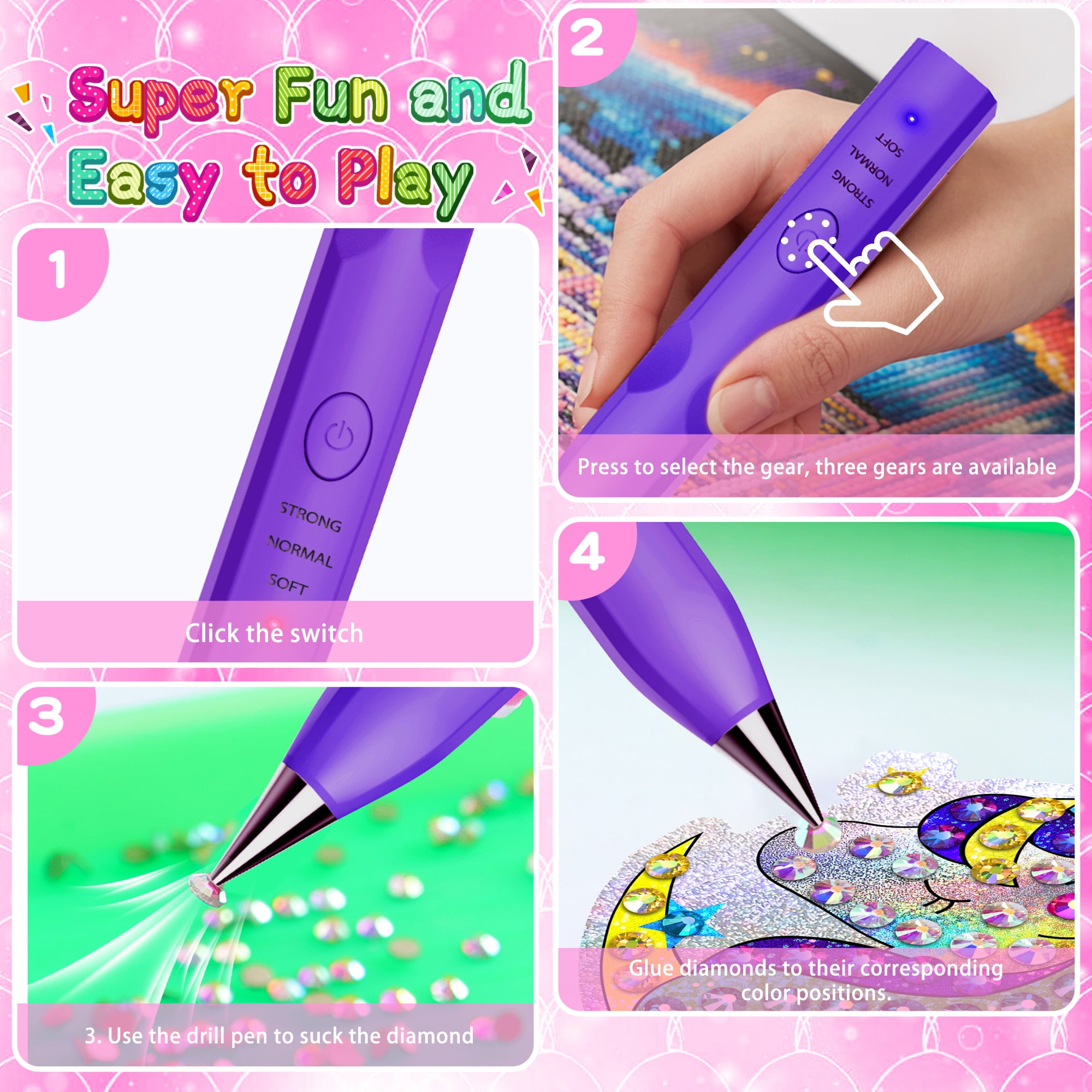 Diamond Painting Pen with Vacuum Pump, No Wax Needed, Lightweight Design, 3 Adjustable Suction Mode & Rechargeable, DIY Diamond Art Accessories and Tools(Purple)