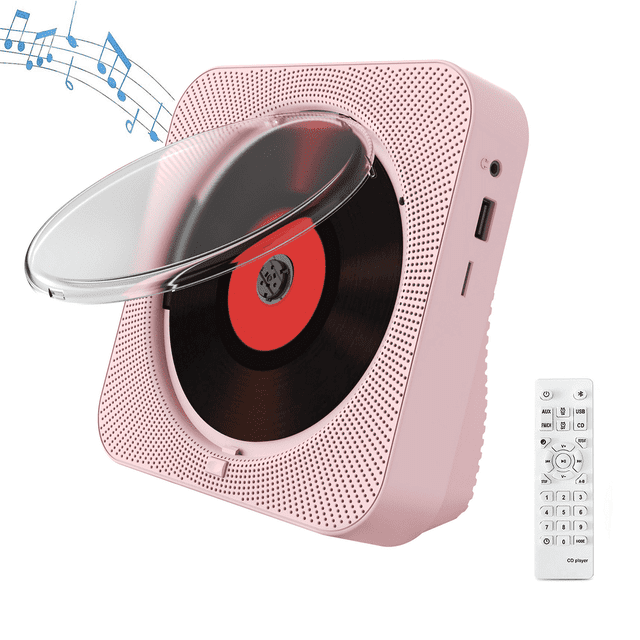 Lecteur CD avec Haut-Parleurs Bluetooth, Lecteurs CD de Bureau pour Radio à Domicile, Lecteur CD avec Télécommande, Haut-Parleurs Hi-Fi, Couvercle Anti-Poussière, Écran LED, Minuterie, Prend en Charge AUX, Lecture de Carte TF USB pour Cadeau, Rose