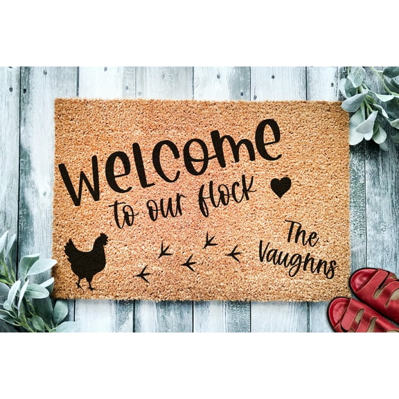 Welcome to Our Flock Personalized Family Name Chickens | Farm Doormat | Welcome Mat | Chicken Farmer Door Mat | Farm Gift | Home Doormat